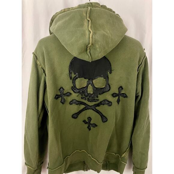 Affliction Green Skull Hoodie Full Zip Light Jacket M Grunge Y2K Distressed Mens - Picture 14 of 16